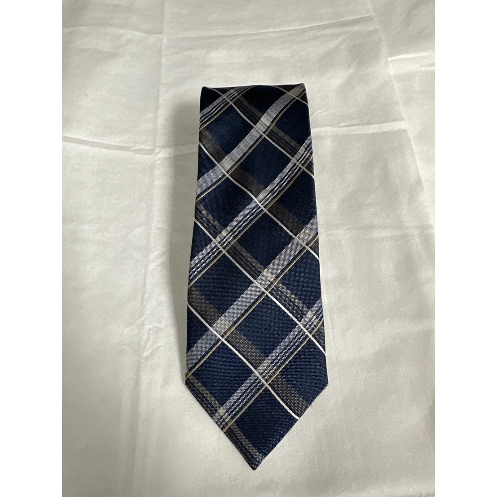 Pronto Uomo Mens Necktie Navy Blue Brown White Plaid Pattern Business